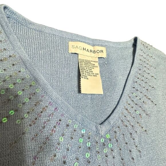 Vintage mid blue Sag Harbor V neck 3/4 sleeve sweater w sequin detail size small - Picture 5 of 11